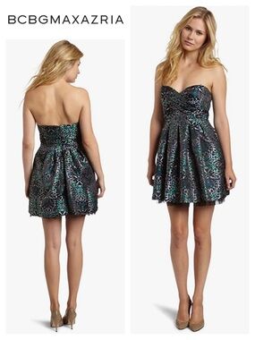 BCBGMaxAzria Strapless Jacquard Cocktail Dress in Tide Combo